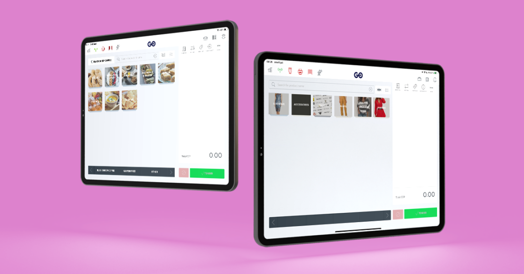 two ipad iwth extendago pos on a pink backround